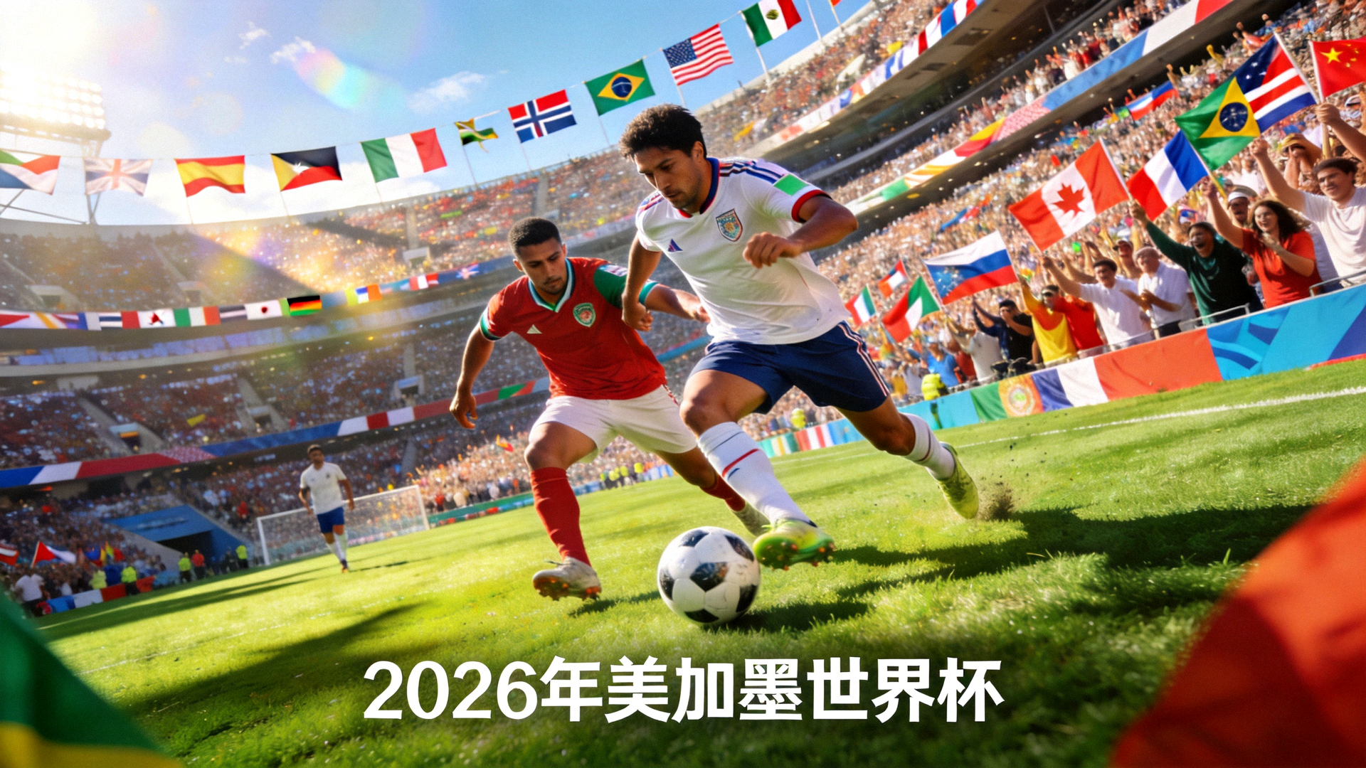 2026年美加墨世界杯官方视觉素材：足球运动员在绿茵场上激烈比赛瞬间，背景为座无虚席的体育场，展现世界杯竞技魅力